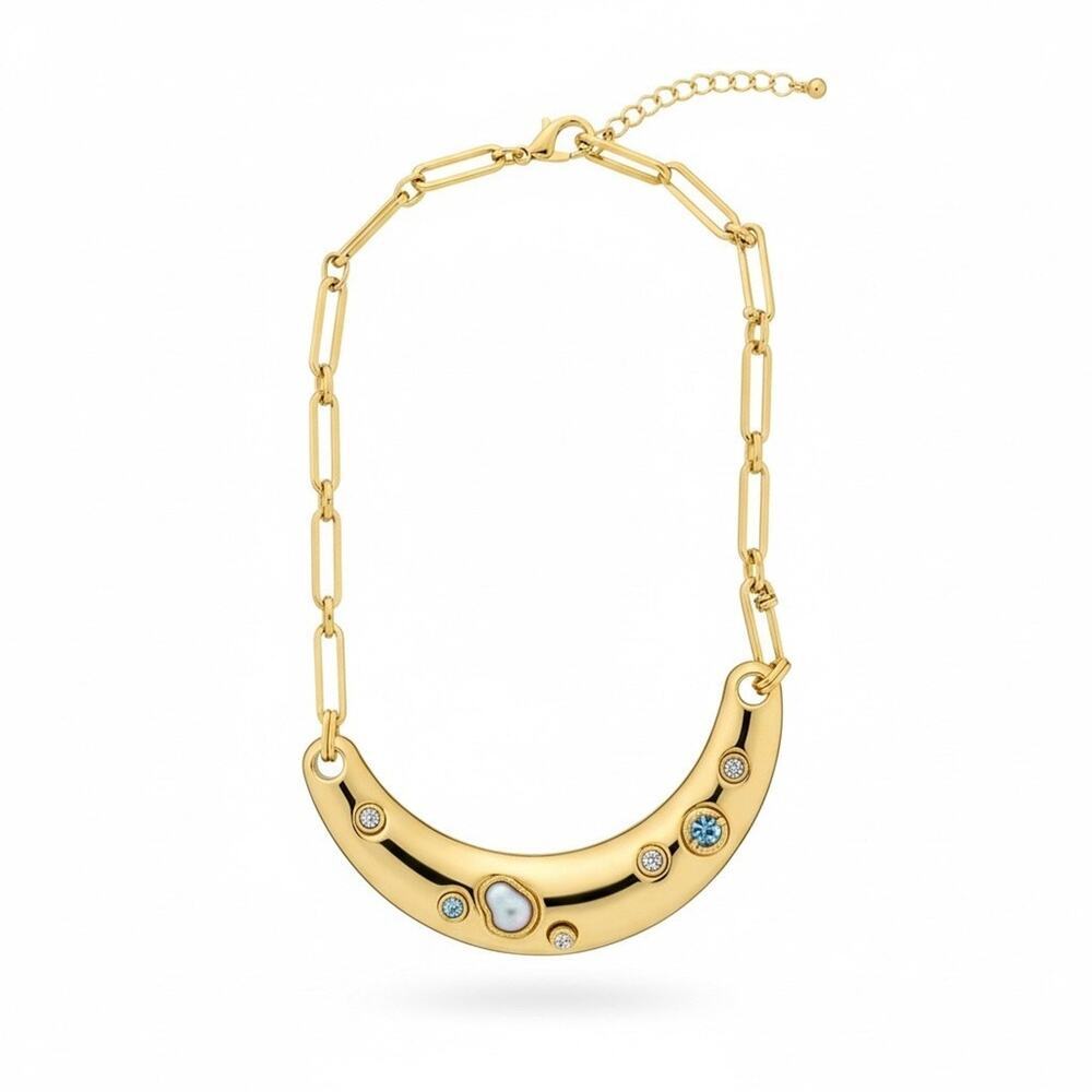 INC Gold Tone Crescent Necklace Blue Crystal Stone Statement Collar NEW